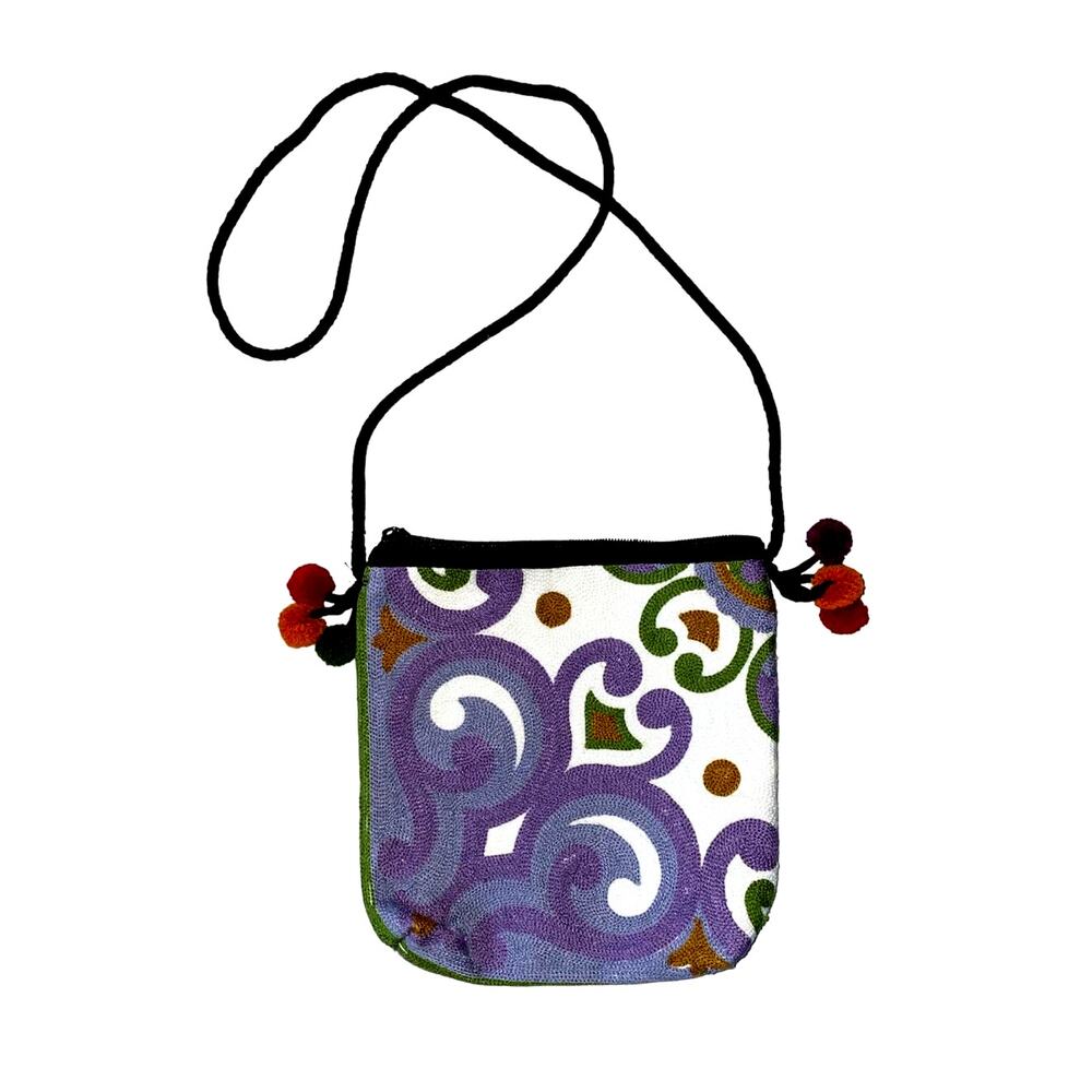 Abstract Purple & Cream Chain Stitched with Poms Pouch Bag